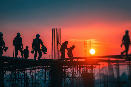 Silhouetted construction workers are collaborating on a building site during sunset, highlighting their teamwork and commitment to the construction processの素材