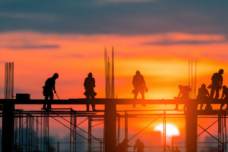 Silhouetted construction workers are actively building on a high-rise structure, with a stunning sunset backdrop, highlighting the essence of teamwork and labor in constructionの素材