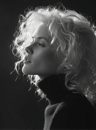 Woman with curly blonde hair, dressed in a black turtleneck, is posed in profile, illuminated by dramatic lighting, highlighting her features and eleganceの素材