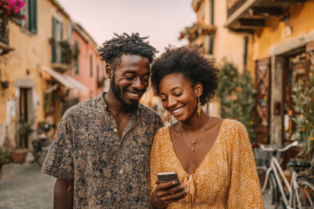 Happy African American couple enjoys time together, looking at smartphone in a picturesque street with colorful buildings and blooming flowers, sharing a joyful experienceの素材