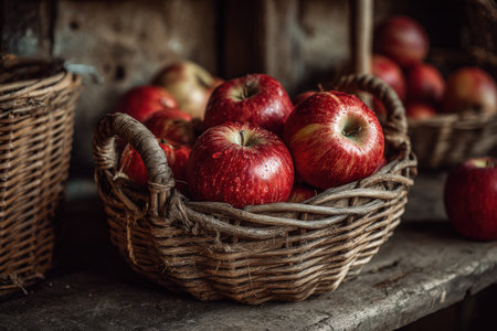 Red apples are beautifully displayed in a rustic basket on a wooden shelf, surrounded by other baskets, highlighting the charm of organic farming and fresh produceの素材