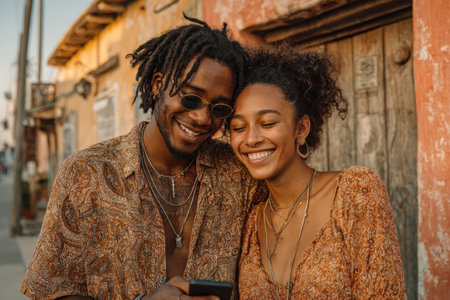 Happy African American couple, enjoying time together while checking smartphone, with colorful buildings and lively street scene creating a joyful ambianceの素材
