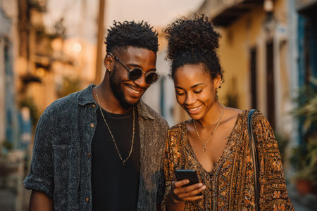 Happy African American couple engaged with smartphone outdoors, in a vibrant setting with colorful architecture and soft evening light, sharing a joyful experienceの素材