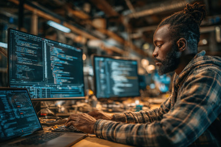 Male software developer is engaged in programming at a desk surrounded by multiple screens with code, creating a vibrant and innovative tech environmentの素材