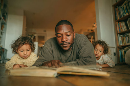 An African American man is reading a book with two children on a wooden floor, surrounded by bookshelves, fostering a cozy and educational family momentの素材