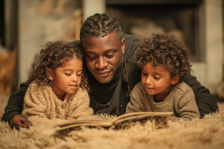 An African American man enjoys reading a book with two children in a cozy setting, surrounded by warm lighting and soft textures, creating a family bonding experienceの素材