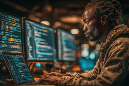 Male software developer is engaged in coding at a desk surrounded by multiple screens filled with programming code, showcasing a modern tech workspaceの素材