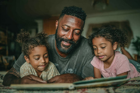 Male adult reading storybook with two children, enjoying quality time together on a soft rug, creating a nurturing and loving environment for learningの素材