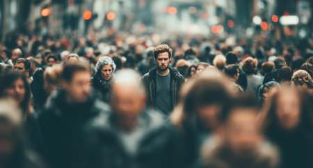 Individual in a crowded urban setting, surrounded by diverse faces, showcasing the contrast of solitude amidst the hustle and bustle of city lifeの素材