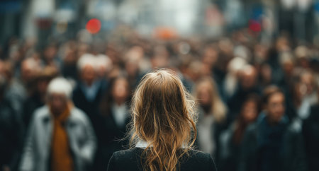Female figure with long blonde hair stands amidst a bustling crowd in an urban environment, showcasing the vibrancy and diversity of city life and community interactionの素材