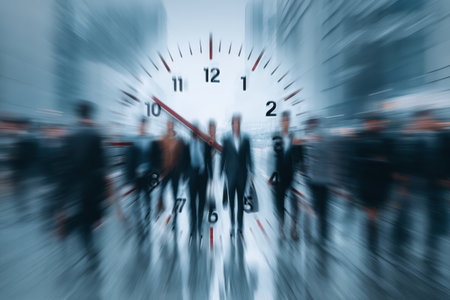 Diverse group of business professionals walking through a bustling urban setting, with a clock overlay emphasizing time and urgency in a corporate atmosphereの素材