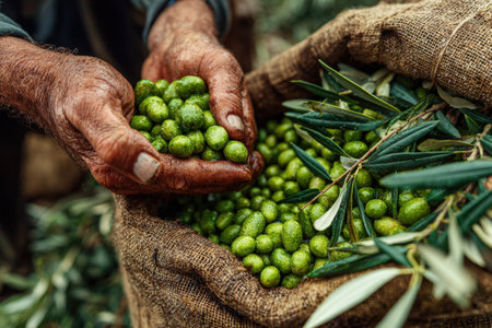 Elderly farmer's hands are filled with green olives, surrounded by burlap sacks and olive branches, illustrating the essence of traditional farming and harvestの素材