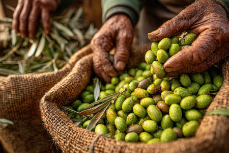 Hands of an elderly farmer are carefully sorting green olives from a burlap sack, highlighting the agricultural tradition and the beauty of natural produceの素材