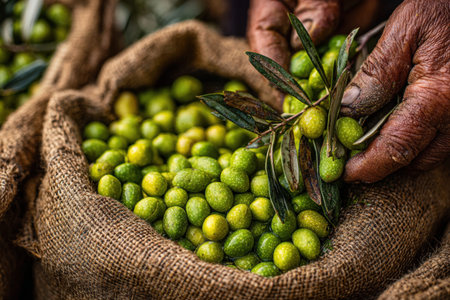 Elderly farmer's hands are holding fresh green olives and branches above a burlap sack filled with olives, highlighting the beauty of agricultural harvest and craftsmanshipの素材
