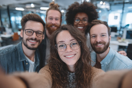 Diverse group of young professionals smiling together in a bright office, emphasizing teamwork and collaboration in a modern workspace filled with energyの素材