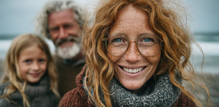 Smiling woman with red hair and freckles stands on a beach with family, creating a warm atmosphere of love and connection in a natural coastal settingの素材