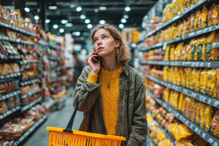 Female shopper with curly hair, is on the phone in a grocery store aisle, holding a shopping basket, surrounded by vibrant packaged products and shelvesの素材