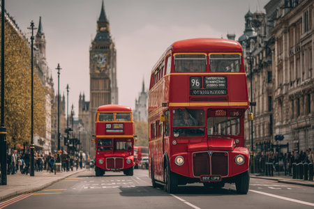Red double-decker buses navigate a bustling city street, surrounded by historic buildings and a prominent clock tower, illustrating vibrant urban lifeの素材