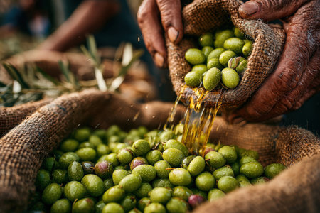 Farmer's hands are pouring green olives from a burlap sack into a basket, surrounded by more olives, highlighting the richness of the harvest and agricultural traditionsの素材