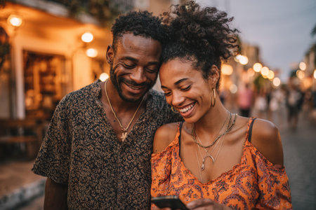 Happy African American couple enjoying time together, looking at smartphone in a lively outdoor environment, illuminated by warm lights and creating a joyful ambianceの素材