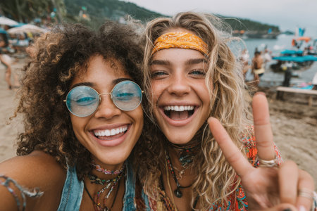 Two smiling women with curly hair are enjoying a sunny day at the beach, capturing a moment of friendship and joy in a lively summer settingの素材