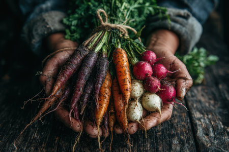 Hands present a variety of freshly harvested vegetables, featuring colorful carrots and radishes, highlighting earthy textures and vibrant colors in a rustic environmentの素材