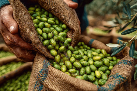 Farmer's hands are pouring green olives from burlap sacks, highlighting the fresh harvest and the organic environment filled with olive trees and natural lightの素材