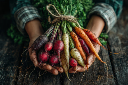 Individual presents a colorful mix of freshly harvested vegetables, featuring radishes and carrots, highlighting organic farming and natural beauty in a rustic settingの素材