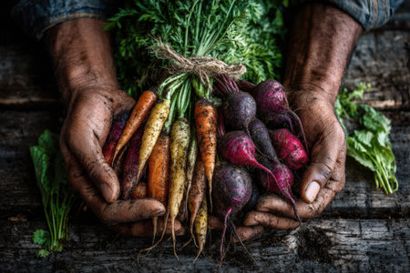 African American man presents freshly harvested carrots and radishes, displaying vibrant colors and earthy textures against a rustic wooden surface, emphasizing organic farmingの素材