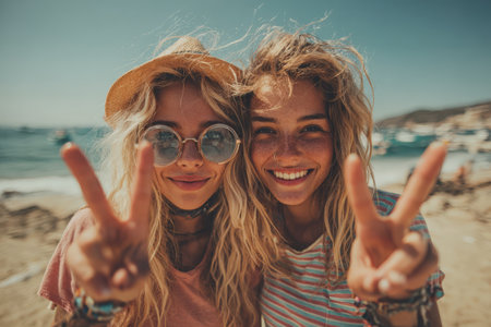 Young women with blonde hair, wearing sunglasses and hats, are joyfully posing with peace signs on a sunny beach, radiating happiness and friendshipの素材