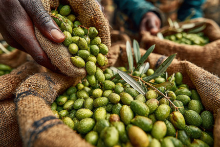 Farmer's hands are filled with fresh green olives, surrounded by burlap sacks brimming with olives, highlighting the richness of agricultural harvest and natural produceの素材