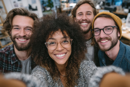 Diverse group of young adults smiling in a contemporary workspace, highlighting camaraderie and teamwork in a lively, creative setting filled with energyの素材