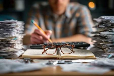 Individual with glasses is engaged in expense calculations using a calculator, surrounded by piles of paperwork and an open notebook, showcasing financial management skillsの素材
