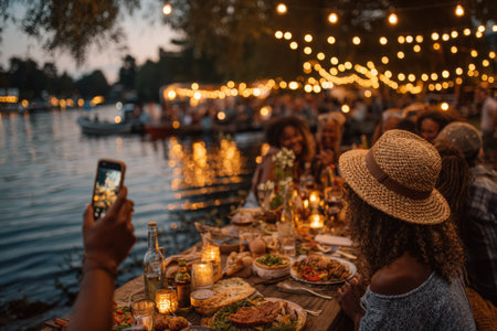 Diverse group of friends gathered for outdoor dinner by the water, illuminated by string lights, enjoying food and drinks in a cozy, festive atmosphereの素材