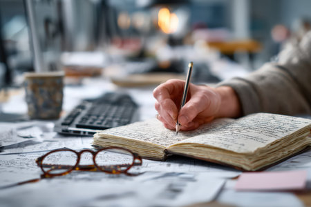 Hand is writing in a notebook filled with notes, surrounded by scattered papers, glasses, and a coffee cup, capturing the essence of creativity and inspirationの素材
