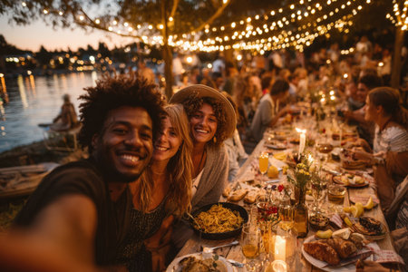 Diverse group of friends sharing laughter and food at an outdoor dinner party by the water, surrounded by string lights and a lively ambianceの素材