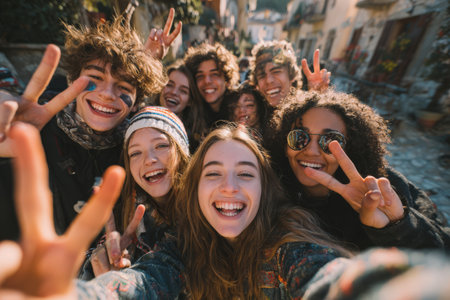Diverse group of young individuals happily posing for a selfie outdoors, capturing a moment of friendship and joy in a lively urban environment filled with colorsの素材