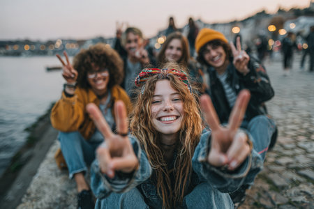 Young friends are posing with peace signs by the water, surrounded by a vibrant atmosphere and city lights, showcasing happiness and camaraderieの素材