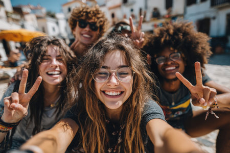 Diverse group of young adults happily posing for a selfie outdoors, capturing the essence of friendship and joy in a lively social environment filled with sunshineの素材