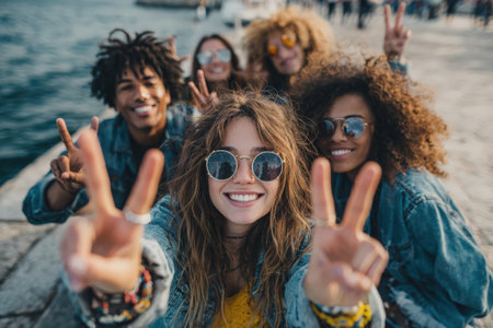 Diverse group of friends by the water, smiling and making peace signs, enjoying a sunny day together, capturing the essence of friendship and happinessの素材