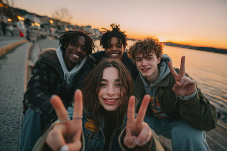 Diverse group of young friends by the water at sunset, smiling and making peace signs, showcasing camaraderie and happiness in a picturesque outdoor environmentの素材