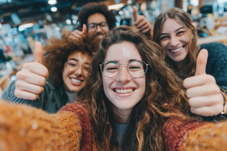 Diverse group of friends happily posing with thumbs up in a warm indoor environment, radiating positivity and friendship, capturing a joyful moment togetherの素材
