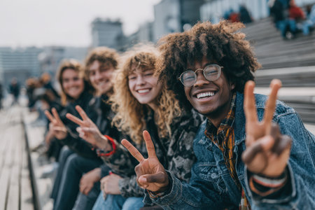 Diverse group of young adults on bleachers, smiling and showing peace signs, enjoying sunny outdoor atmosphere, capturing moments of friendship and joyの素材