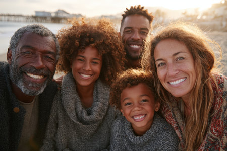 Diverse family members smiling together in a beach setting, wearing warm sweaters, showcasing love and connection in a bright, cheerful atmosphereの素材