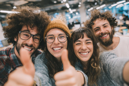 Diverse group of young adults smiling and giving thumbs up in a contemporary office, highlighting camaraderie, enthusiasm, and a vibrant work atmosphereの素材