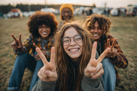 Diverse group of friends at outdoor festival, smiling and making peace signs, surrounded by nature and vehicles, showcasing happiness and camaraderie in a vibrant atmosphereの素材