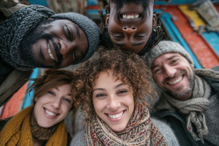 Diverse group of friends is smiling together, capturing the essence of joy and connection, with colorful background elements enhancing the vibrant atmosphere of camaraderieの素材