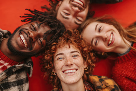 Diverse group of friends smiling and lying together on a bright red surface, capturing a moment of joy and connection in a playful and relaxed settingの素材
