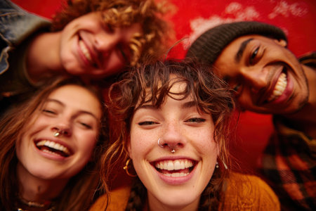 Four young adults are smiling together, radiating joy and friendship against a bright red backdrop, embodying a lively and cheerful atmosphereの素材