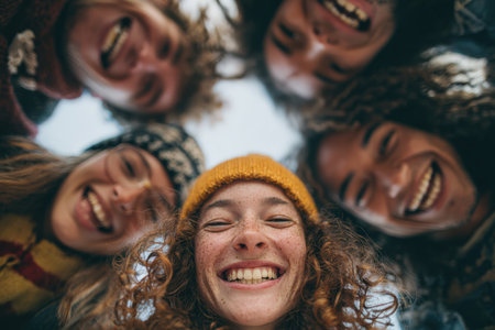 Diverse group of friends smiling together from a low angle, highlighting their joyful expressions and camaraderie in a bright outdoor environment filled with warmthの素材